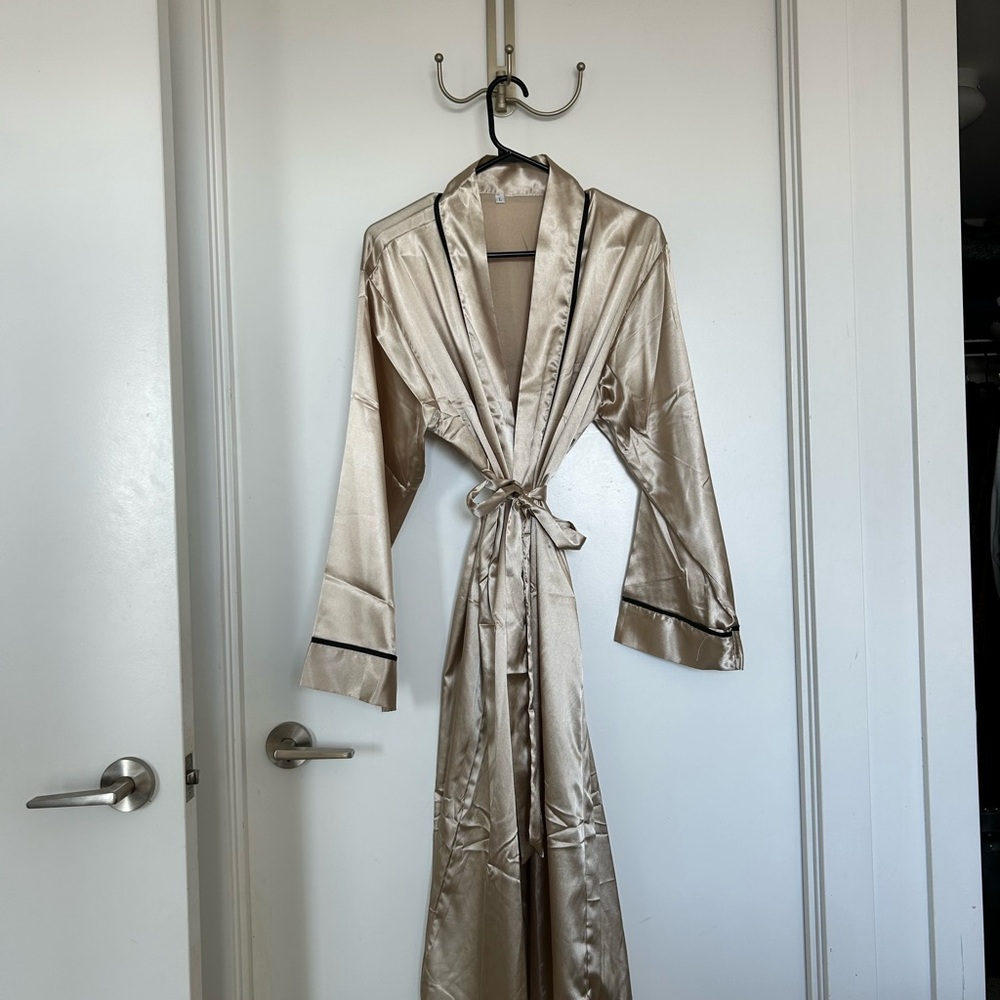 Elegant Satin Robe with Black Trim